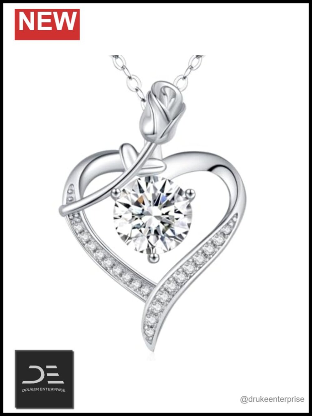 Moissanite Rose Heart Pendant Necklace 925 Sterling Silver 18K Platinum